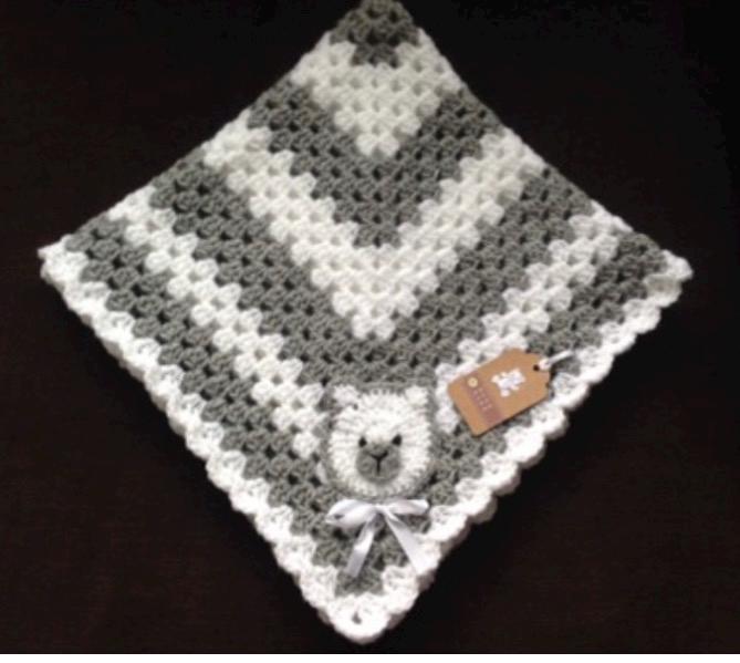 Granny Square Teddy Blanket for Baby - Baby Blue/Baby Pink/Bright Lemon/Silver Grey