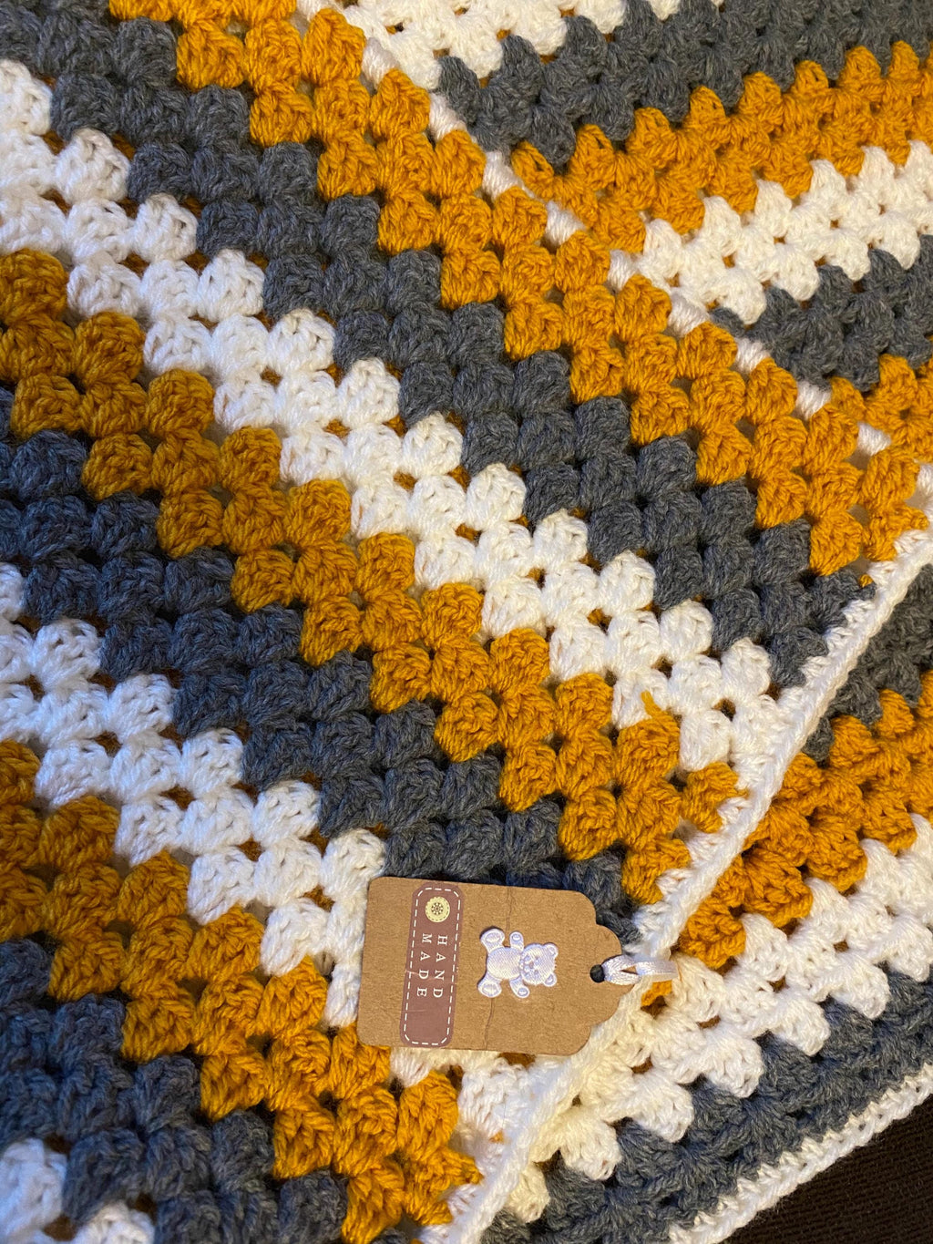 Crochet Mustard , charcoal grey and ivory Granny Square striped Baby Blanket