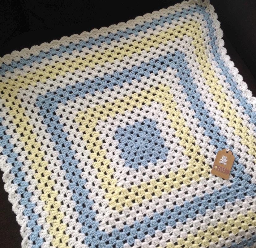 Lemon, White and Baby Blue Granny Square Blanket