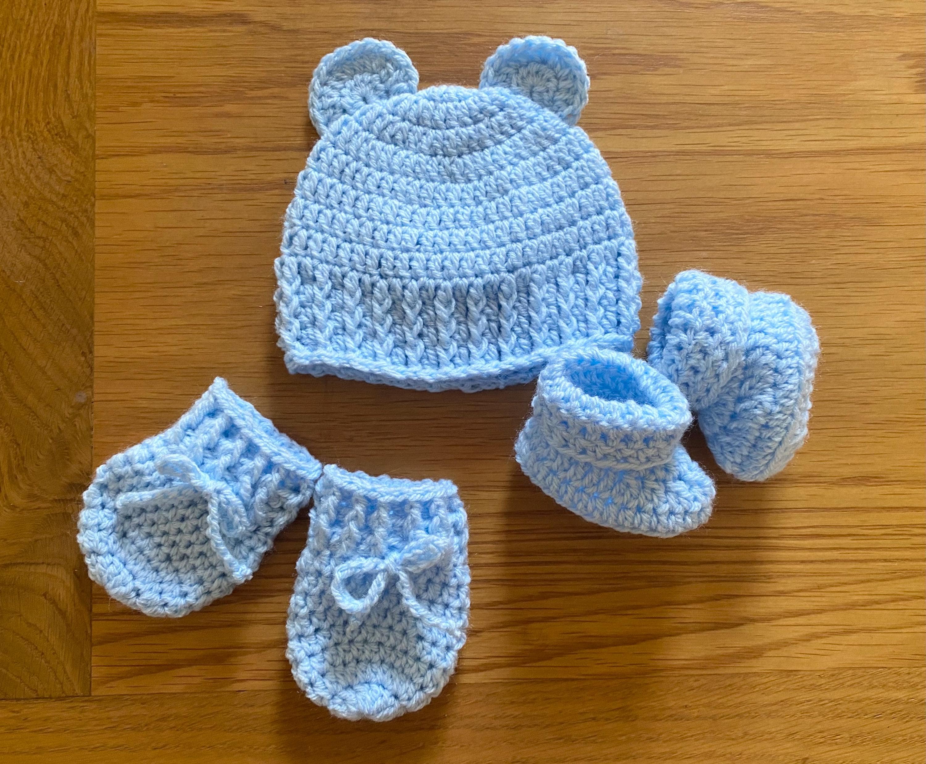 Crochet baby beanie hat, booties and mitts set - multiple colours