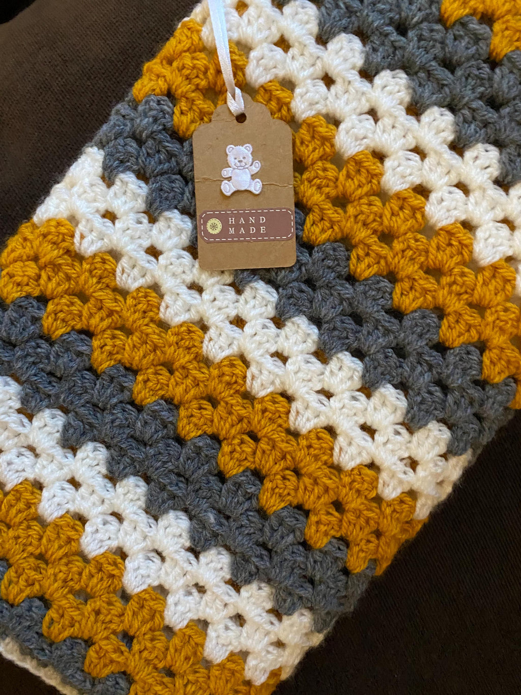 Crochet Mustard , charcoal grey and ivory Granny Square striped Baby Blanket