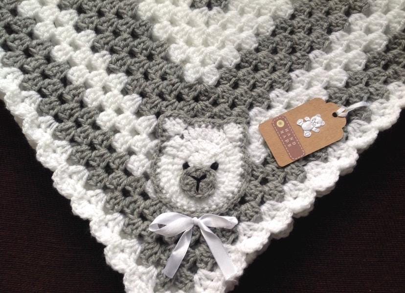 Granny Square Teddy Blanket for Baby - Baby Blue/Baby Pink/Bright Lemon/Silver Grey