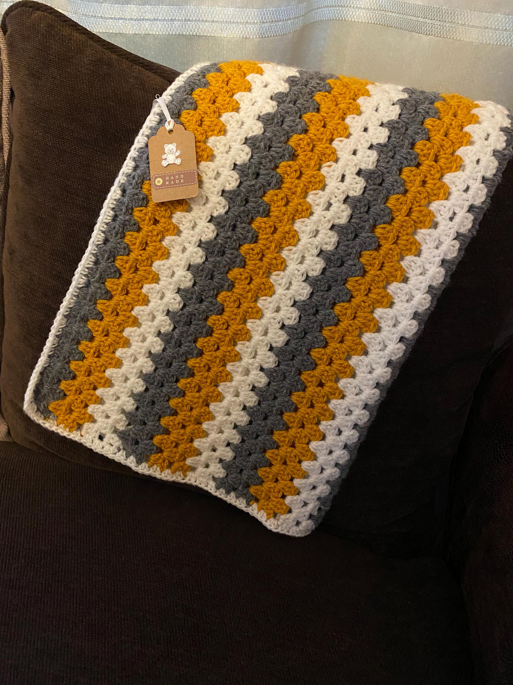 Crochet Mustard , charcoal grey and ivory Granny Square striped Baby Blanket