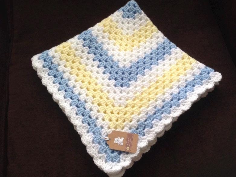 Lemon, White and Baby Blue Granny Square Blanket
