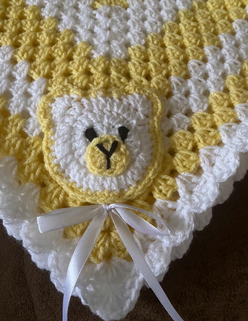 Granny Square Teddy Blanket for Baby - Baby Blue/Baby Pink/Bright Lemon/Silver Grey