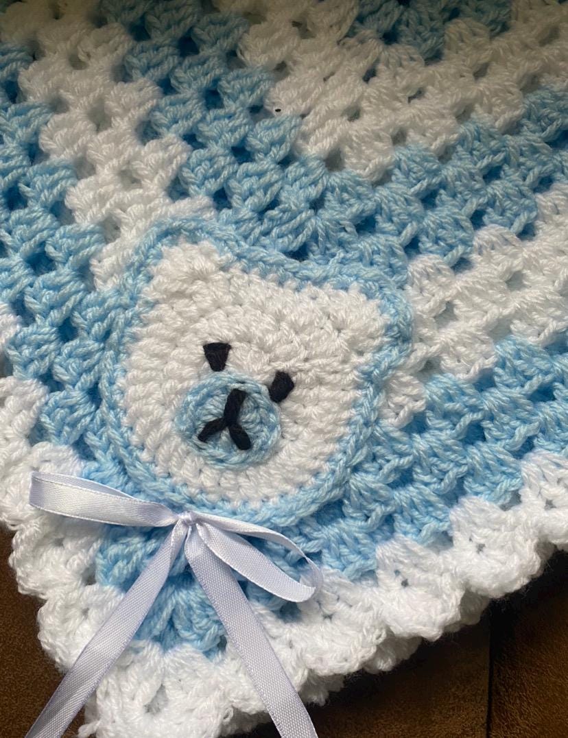 Granny Square Teddy Blanket for Baby - Baby Blue/Baby Pink/Bright Lemon/Silver Grey