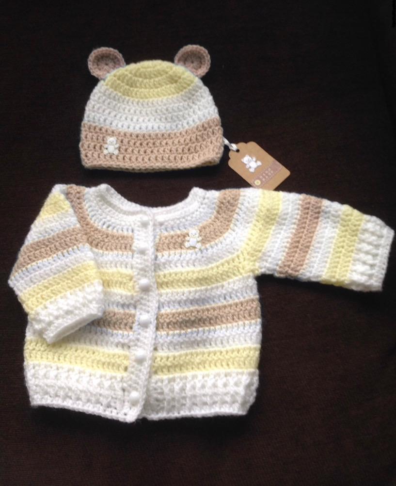 Oatmeal, Lemon and White Baby Cardigan and Hat set