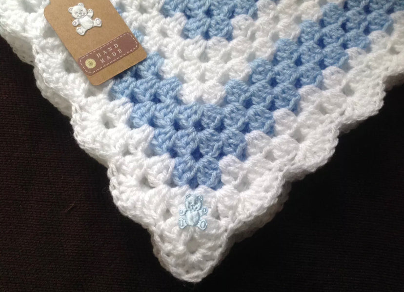 Handmade crochet warm baby blanket car seat/pram/crib Blue And White Boy xmas Gift