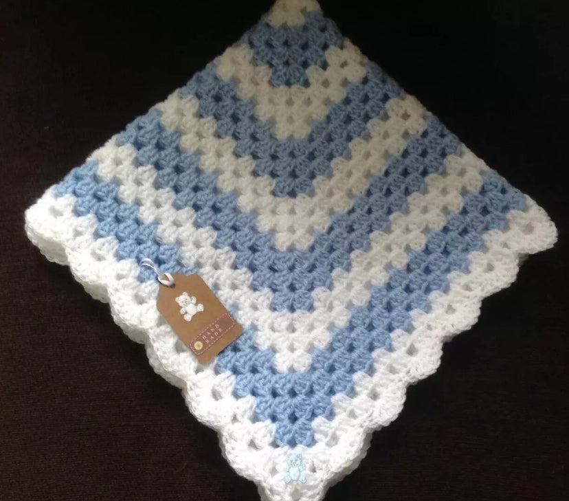 Handmade crochet warm baby blanket car seat/pram/crib Blue And White Boy xmas Gift