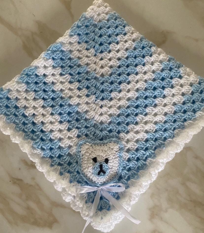 Granny Square Teddy Blanket for Baby - Baby Blue/Baby Pink/Bright Lemon/Silver Grey