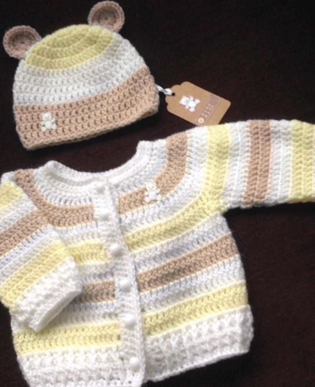 Oatmeal, Lemon and White Baby Cardigan and Hat set