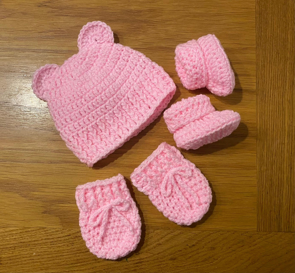 Crochet baby beanie hat, booties and mitts set - multiple colours