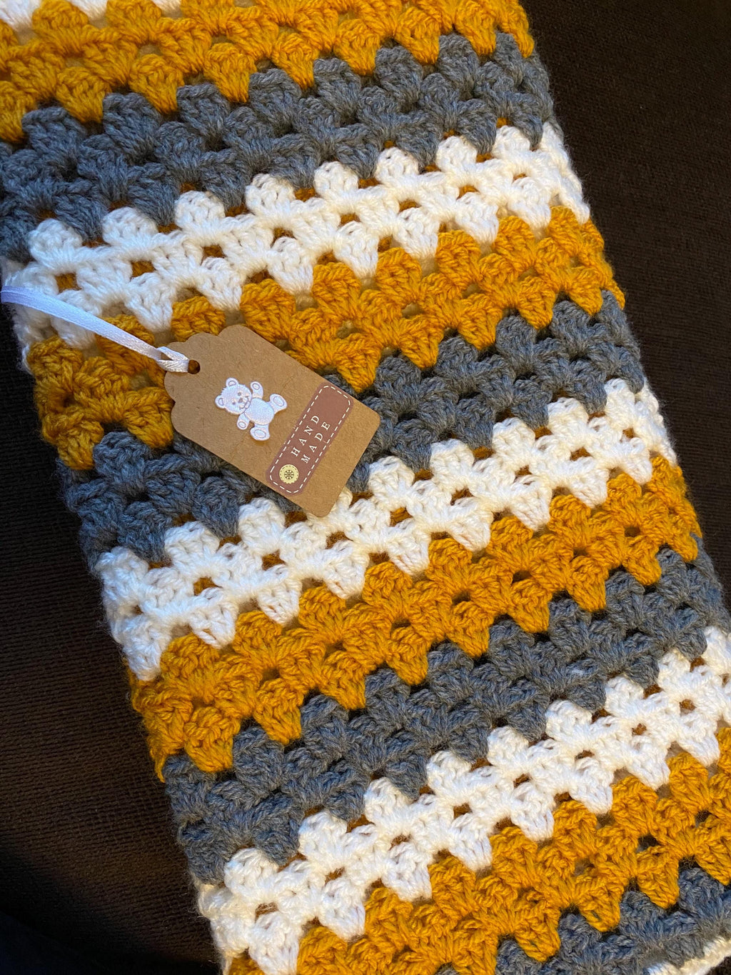 Crochet Mustard , charcoal grey and ivory Granny Square striped Baby Blanket