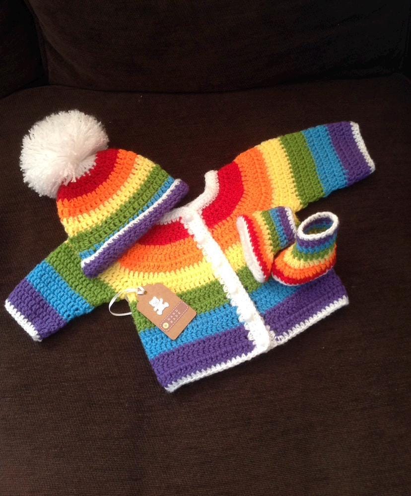Rainbow Cardigan, Hat and Booties