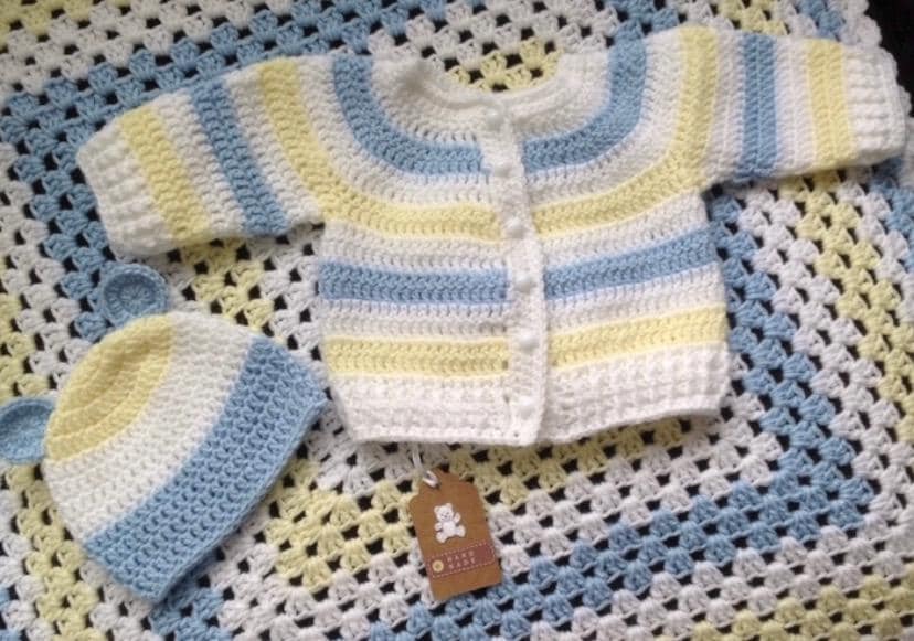 Lemon, Baby Blue and White Baby Boy/Girl Cardigan