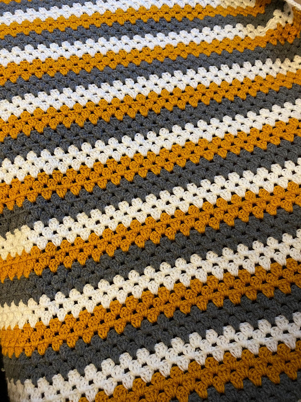Crochet Mustard , charcoal grey and ivory Granny Square striped Baby Blanket