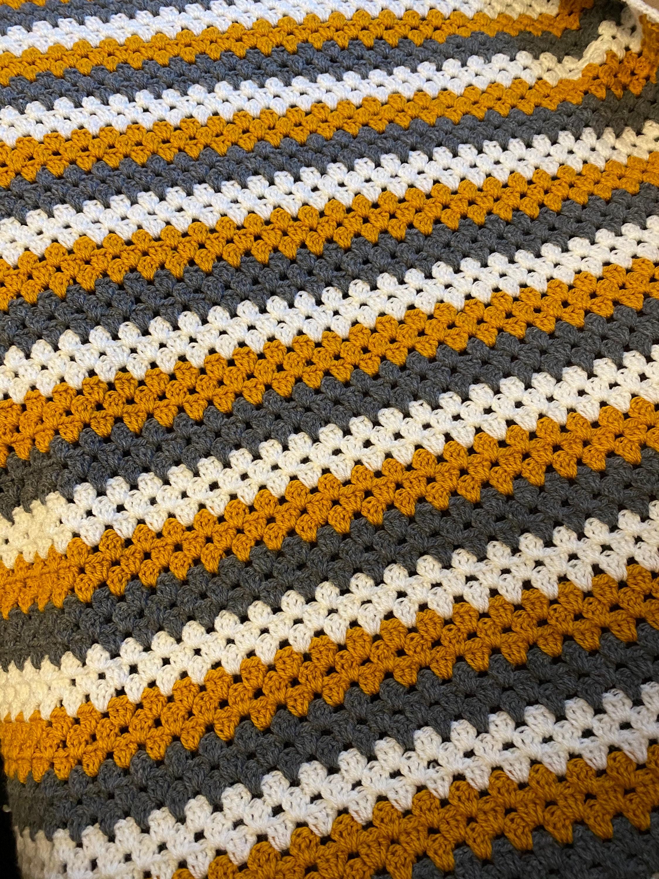 Crochet Mustard , charcoal grey and ivory Granny Square striped Baby Blanket