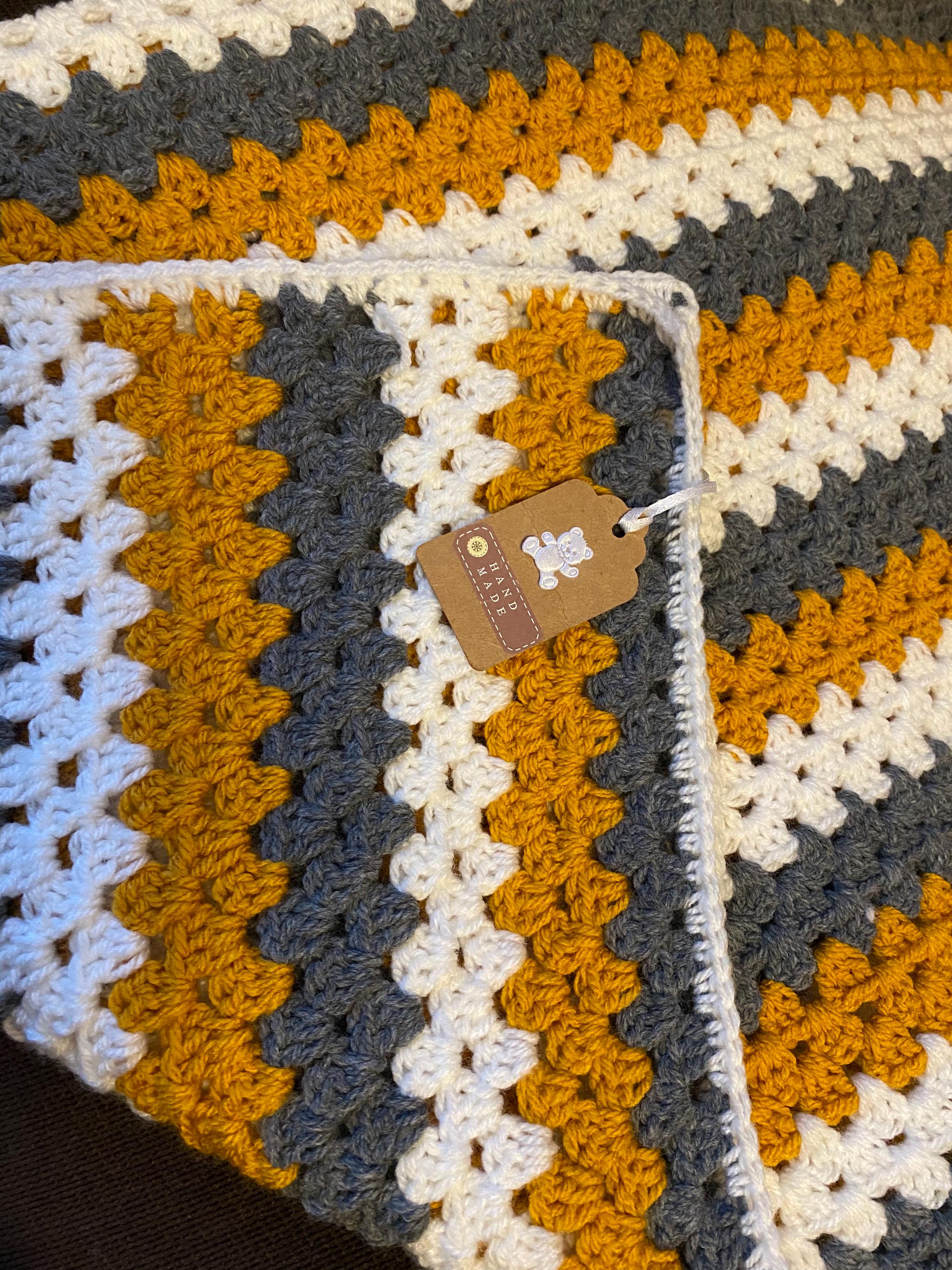 Crochet Mustard , charcoal grey and ivory Granny Square striped Baby Blanket