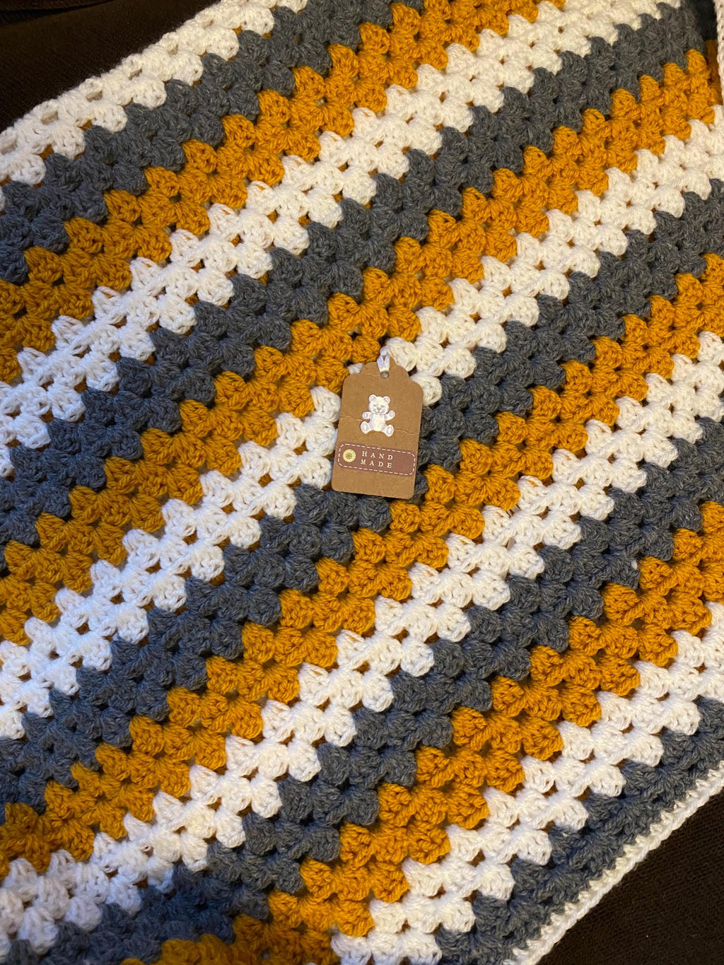 Crochet Mustard , charcoal grey and ivory Granny Square striped Baby Blanket